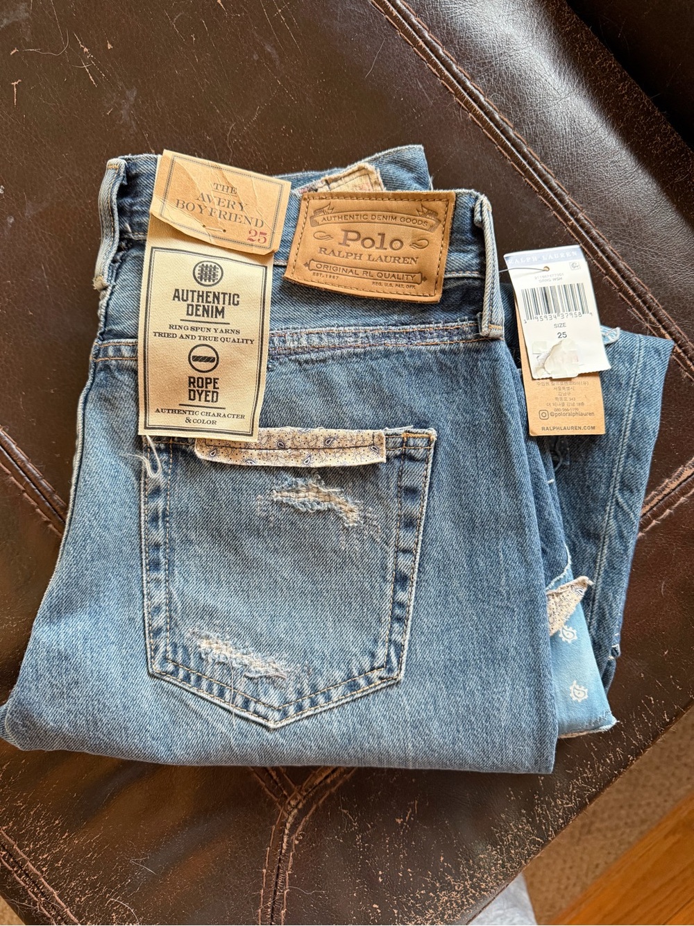 Ralph Lauren Patchwork Boyfriend Jeans in Blue and Cream - Picture 2 of 7